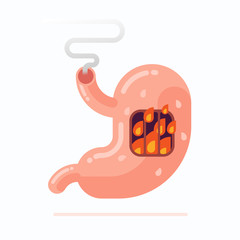 Flat vector Illustration of human stomach burning, heartburn disease concept