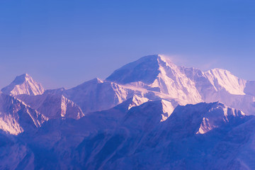 Himalaya mountains in Nepal, view of small village Braga on Annapurna circuit at sunset or sunrise