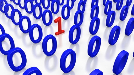 Single Binary Number One in many Zero's on a white Background