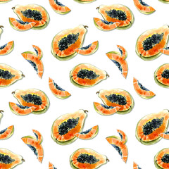 Seamless pattern with bright exotic papaya fruit on white background. Ripe papaya with black seeds cut in half . Watercolor painting. Hand drawn summer illustration.