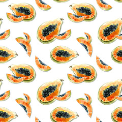 Seamless pattern with bright exotic papaya fruit on white background. Ripe papaya with black seeds cut in half . Watercolor painting. Hand drawn summer illustration.