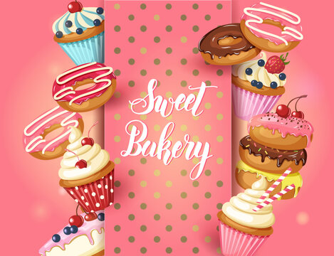 Sweet Bakery background with glazed donuts, cheesecake and cupcakes with cherry, strawberries and blueberries on pink. Hand made lettering. Desert for menu. Food design.