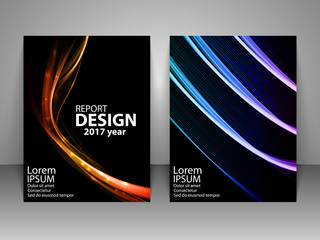 Brochure with futuristic colorful light wave background. Report, flyer, business layout, presentation template A4 size. Vector illustration.