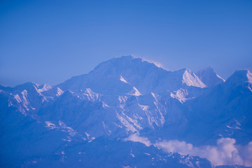 Himalaya mountains in Nepal, view of small village Braga on Annapurna circuit at sunset or sunrise