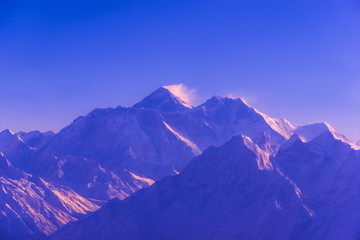 Himalaya mountains in Nepal, view of small village Braga on Annapurna circuit at sunset or sunrise