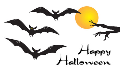 Happy Halloween card with scary flying vampire bats, yellow moon