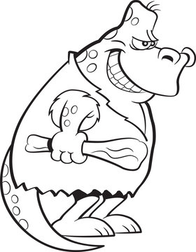 grinning dinosaur holding bone black and white