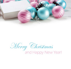 Beautiful gift box and blue and pink Christmas balls