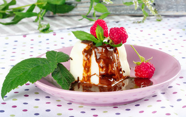 Cream pudding with chocolate sauce, raspberry and mint on  tablecloth