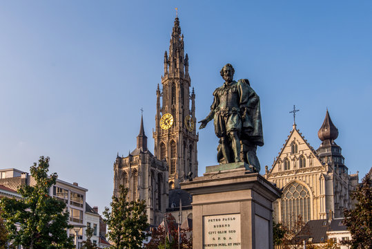 Statue of Pieter Paul Rubens with the Cathedral of our Lady in the background in Antwerp, Belgium