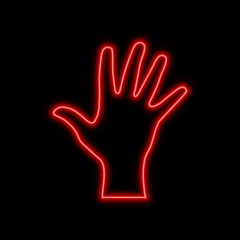 Obraz premium Open hand, palm neon sign. Bright glowing symbol on a black background.