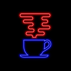 Coffee cup with steam neon sign. Bright glowing symbol on a black background.