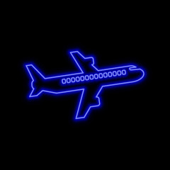 Flying passenger airplane, airliner neon sign. Bright glowing symbol on a black background.