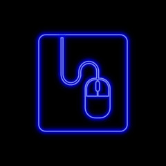 Computer mouse on the pad neon sign. Bright glowing symbol on a black background.