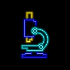 Microscope neon sign. Bright glowing symbol on a black background.