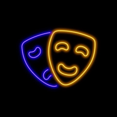 Theater masks neon sign. Bright glowing symbol on a black background.
