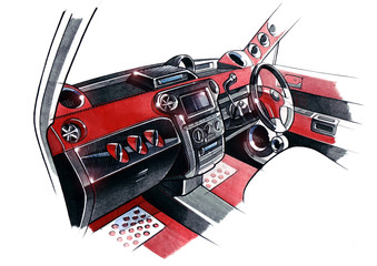 Naklejka premium Drawing of the exclusive interior design of the car with the elaboration of all the elements of the modern passenger compartment of the vehicle.