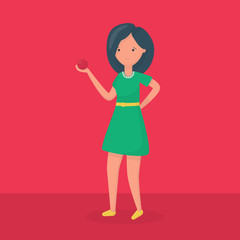 Girl with apple isolated on red background. Flat style.