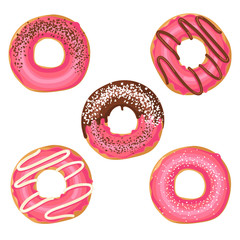 Fototapeta na wymiar Set of Vector Sweet pink glazed donuts with chocolate and powder. Food design