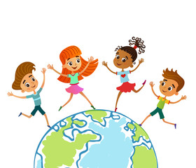 Globe kids. Children Earth day. Vector illustration