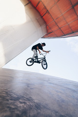 Fototapeta premium BMX rider makes a TAilwhip trick. Young man doing tricks in the air on a BMX bike. BMX freestyle