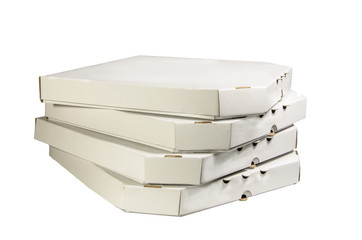 Boxes for pizza four empty, on an isolated background. Made of white cardboard.