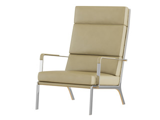 Beige leather armchair with high backrest on a white background 3d rendering