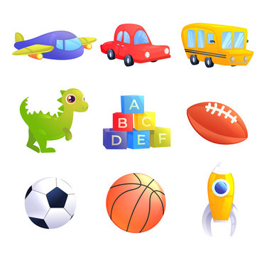 Kids Toys set. A car, bus, airplane, dinosaur, cubes with alphabet letters, sports ball for children game. 
