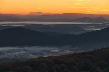 Pipaon village in a foggy morning in Alava