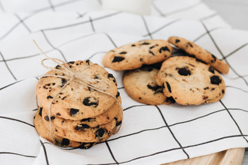 Delicious homemade chocolate crisp cookies on cloth