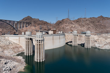 Beautiful sunny view of the Hoover Dam near Las Vegas Nevada, and the Colorado River