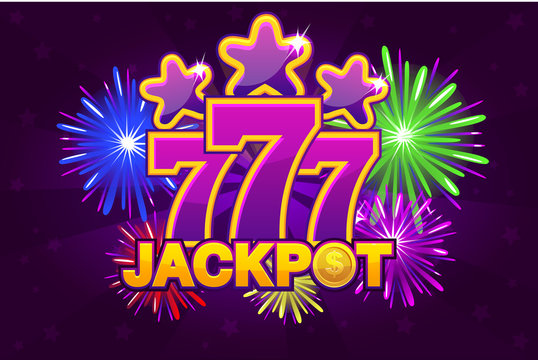 Vector LOGO JACKPOT and 777. Shooting colored stars and firework. Game banner