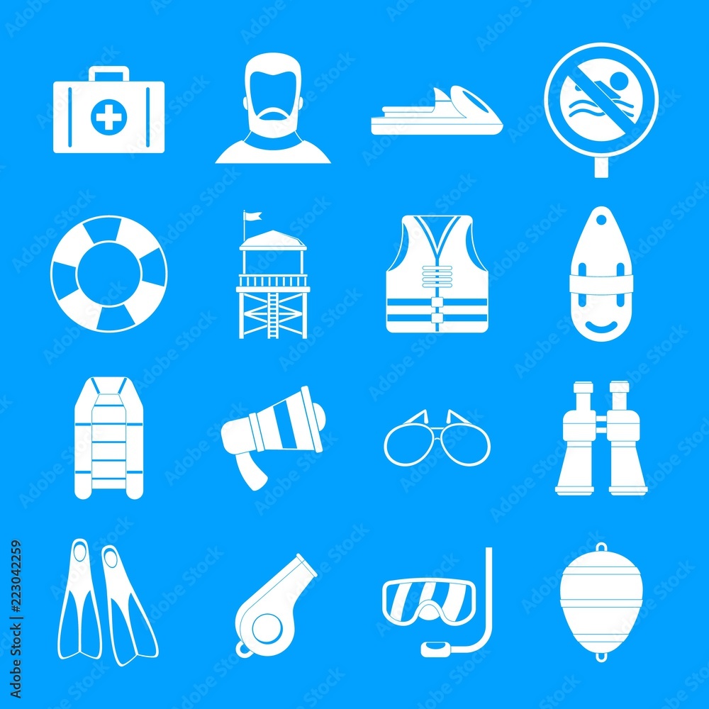 Poster lifeguard save icons set. simple illustration of 16 lifeguard save vector icons for web