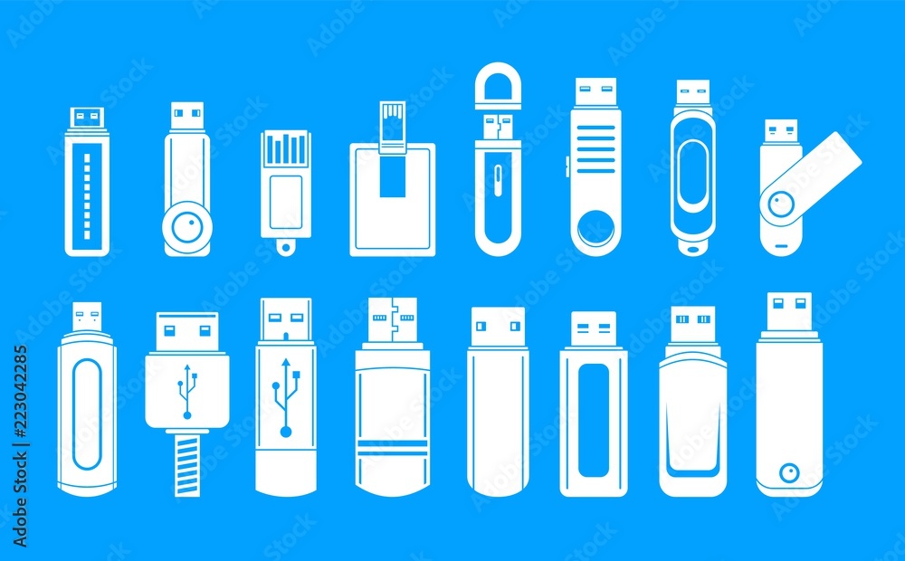 Poster usb flash drive icons set. simple illustration of 16 usb flash drive vector icons for web