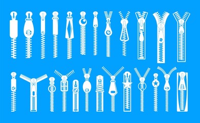 Zipper puller lock icons set. Simple illustration of 32 zipper puller button lock vector icons for web