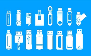 USB flash drive icons set. Simple illustration of 16 USB flash drive vector icons for web