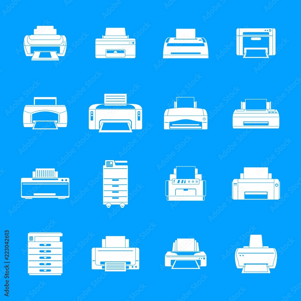 Poster printer office copy document icons set. simple illustration of 16 printer office copy document vecto