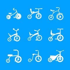 Tricycle bicycle bike wheel icons set. Simple illustration of 9 tricycle bicycle bike wheel vector icons for web