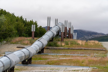 Close up view of the Trans Alaskan Pipeline, viewpoint from Delta Junction Alaska no an overcast day