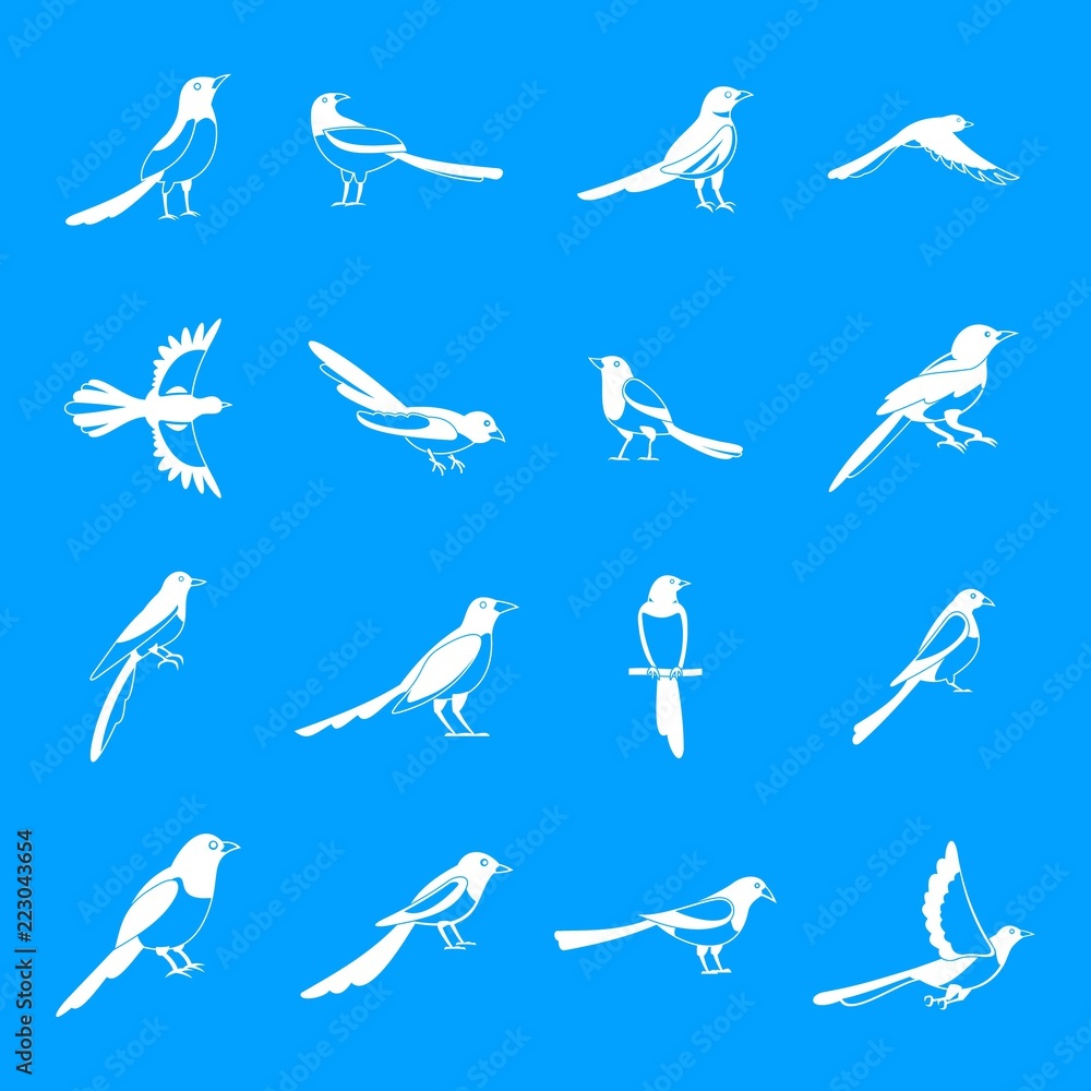 Poster magpie crow bird icons set. simple illustration of 16 magpie crow bird vector icons for web