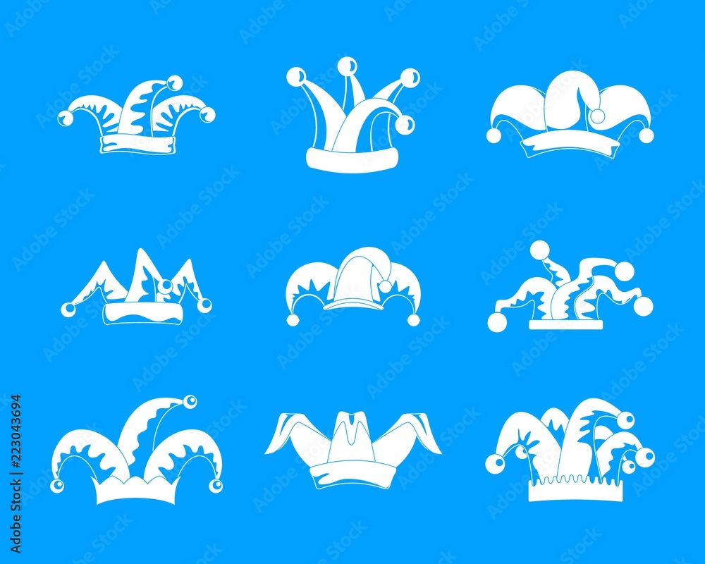 Poster jester fools hat icons set. simple illustration of 9 jester fools hat vector icons for web