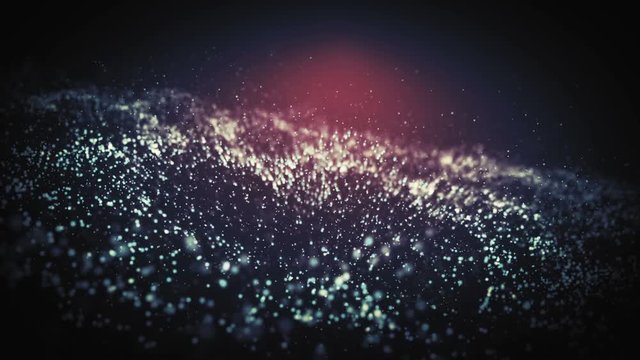 Abstract particle blue and red wave background. Dynamic wavy effect flow with glowing sparkles. Motion graphics 3D animation backdrop with depth of field. 4K