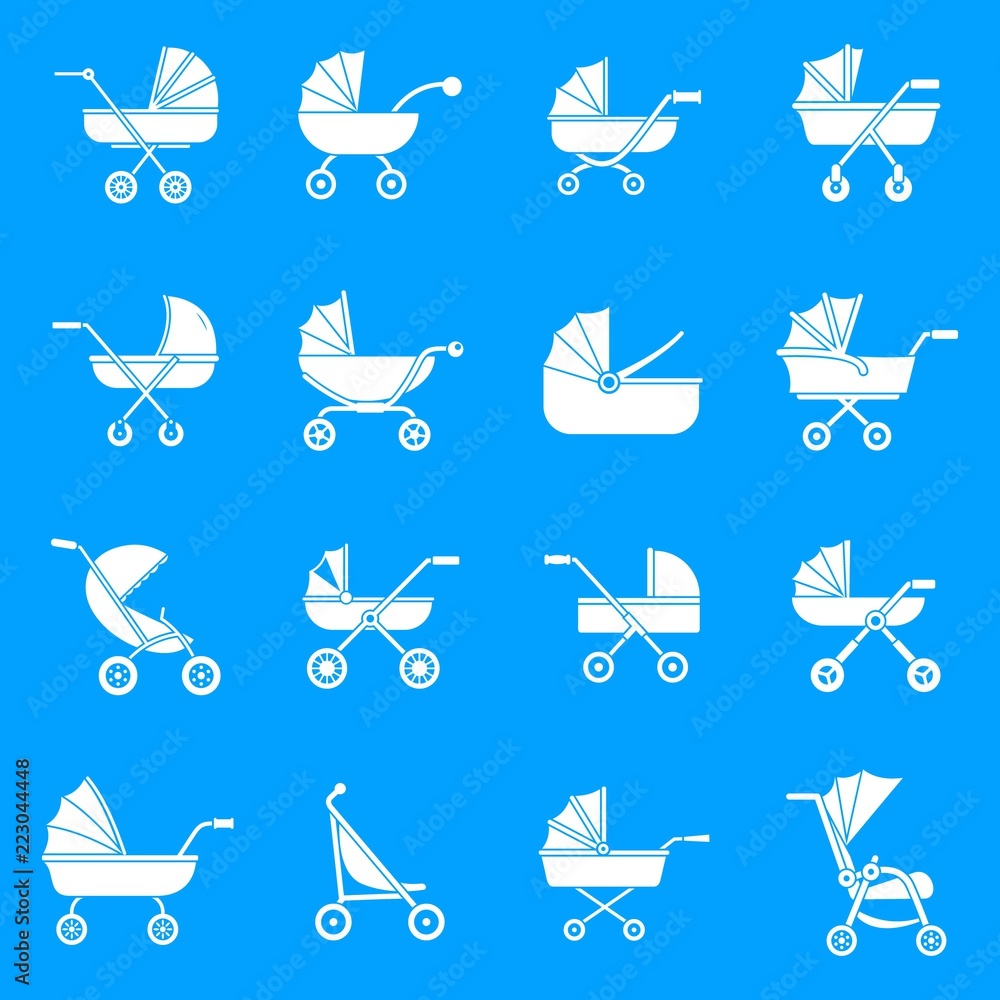 Poster pram stroller carriage cradle buggy icons set. simple illustration of 16 pram stroller carriage crad