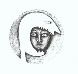 Belle illustration stylisée en noir et blanc réalisée à la main et revisitée avec des effets qui représente un visage de profil qui mange un autre visage