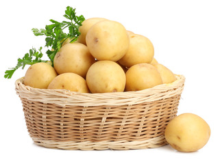 Potatoes in basket on white background