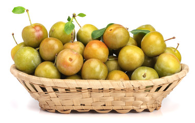 White plums in busket isolated on white background