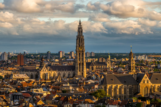 View over Antwerp, Belgium, with the cathedral of our lady centered