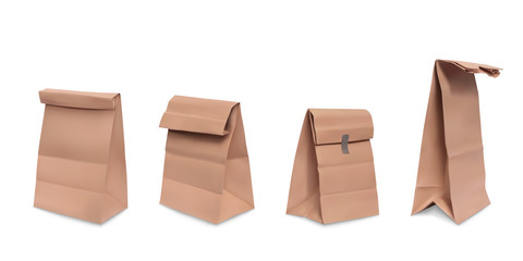 Paper bag, set of vector realistic illustrations brown paper grocery bags for meal, packaging for fast food, snacks, front and side view isolated on white background