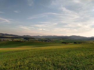 Sunrise and sunset over the hills and town. Slovakia	