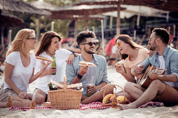 Group of friends having a party on the beach